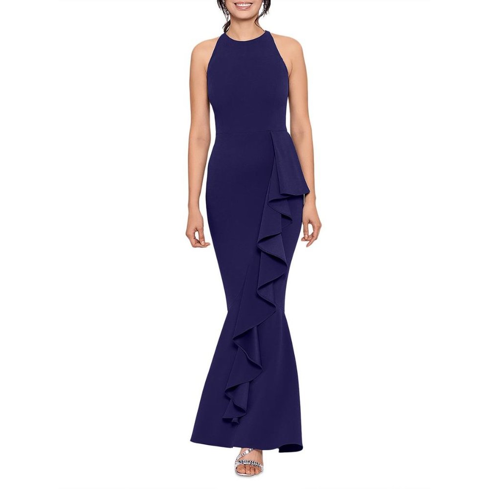 Aqua Cascade Ruffle Mermaid Gown - Navy size 6